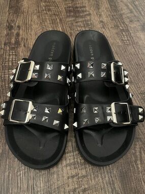 Madden Girl Black Studded Double-Buckle Slide Sandals